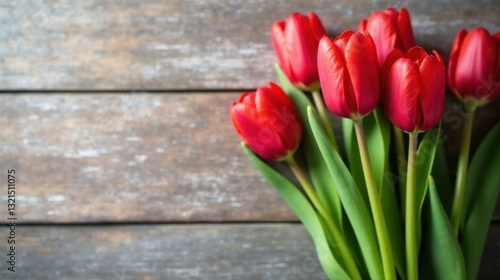 A Vibrant Bouquet of Crimson Tulips Resting on a Rustic Wooden Surface