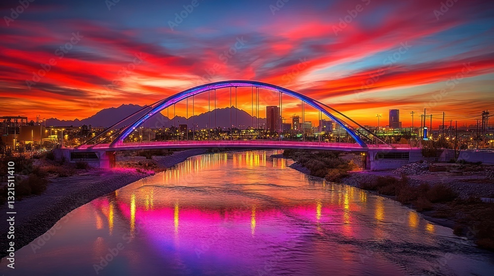 Fototapeta premium A brightly lit bridge over a calm body of water at sunset