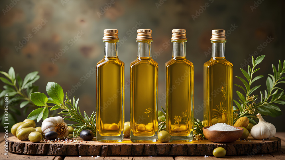 A set of four glass bottles filled with olive oil, surrounded by fresh herbs, olives, and garlic on a wooden cutting board. A set of four glass bottles filled with olive oil, surrounded by fresh herbs, olives, and garlic on a wooden cutting board.