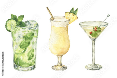 Set of watercolor cocktails glass illustrations. Mojito, pina colada, martini dry Elements for bar menu, packaging and posters.