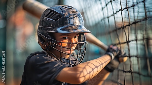 Focused young baseball player at bat, ready to hit.