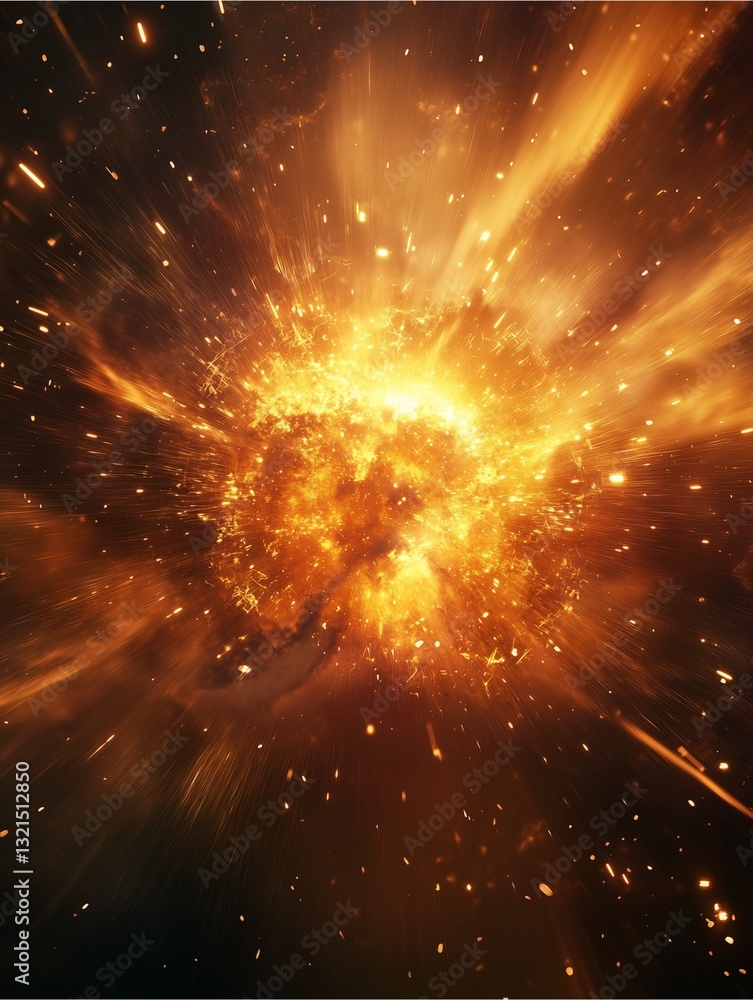 Obraz premium Celestial Inferno: A breathtaking display of cosmic energy, a vibrant explosion of radiant light and fiery particles that captures the raw power and beauty of the cosmos.