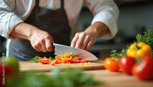 Fototapeta Naklejka Na Ścianę i Meble -  Chef in pro kitchen precisely chops colorful vegetables on wooden board. Close-up focus on the knife and hands in motion. Healthy eating concept. Preparing salad ingredients.