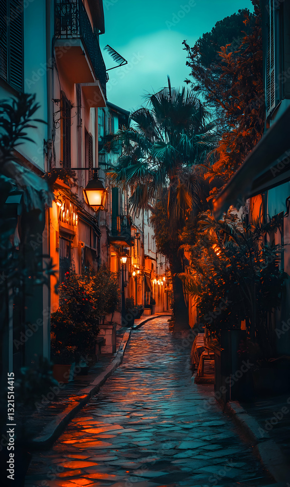 Fototapeta premium Romantic twilight stroll through a quaint european town with old architecture and cobblestone streets