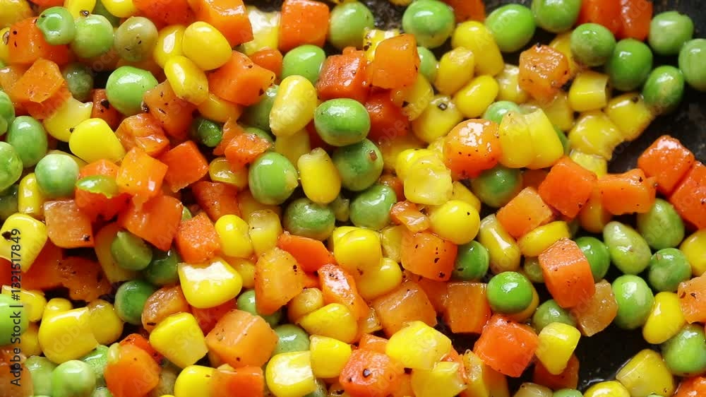 Close up Of Wooden Spatula Stirring Buttered Mixed Vegetable In Frying Pan, Green Peas, Sweet Corn And Carrots Close up Of Wooden Spatula Stirring Buttered Mixed Vegetable In Frying Pan, Green Peas, Sweet Corn And Carrots