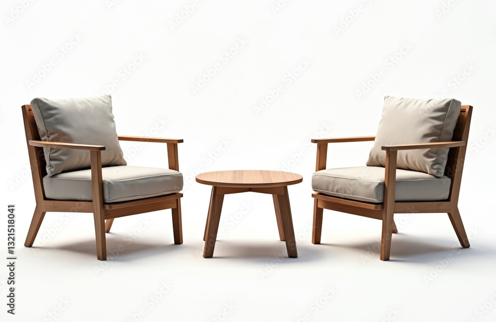 Fototapeta premium Modern outdoor wood living set for minimalist home design. Two chairs with armrests and cushions near small round table. Stylish furniture for exterior or interior, place to relax.