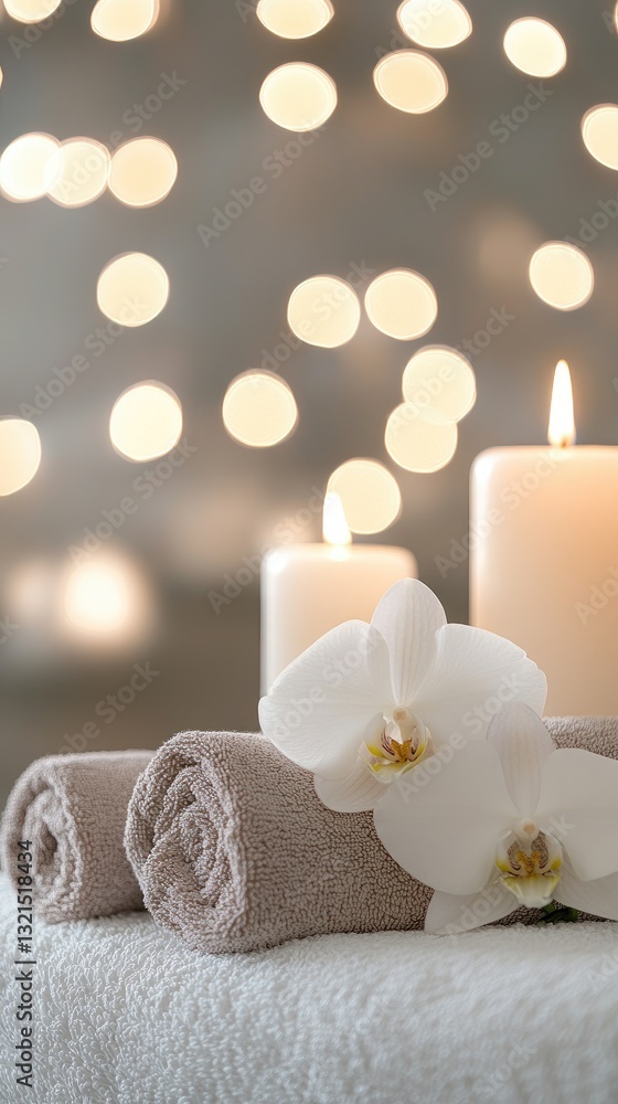 A serene arrangement of candles, fluffy towels, and an elegant orchid flower creates a calming atmosphere in a massage salon A serene arrangement of candles, fluffy towels, and an elegant orchid flower creates a calming atmosphere in a massage salon