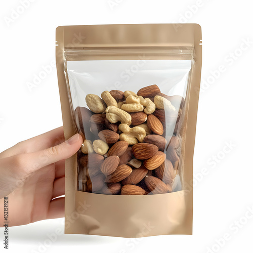 Hand holding a resealable bag filled with various nuts, perfect for healthy snacking.