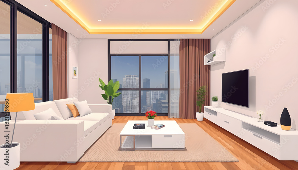 Fototapeta premium Modern living room with TV in apartment. White tone