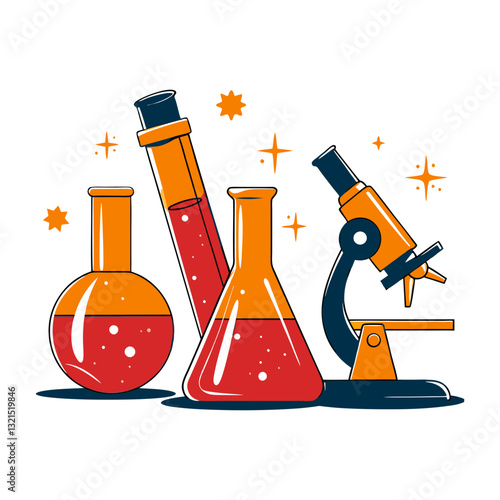 Vector illustration of laboratory glassware and a microscope, symbolizing chemistry, science, and research.
