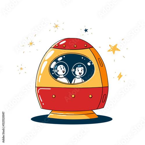 Vector illustration of two astronauts inside a small spaceship, symbolizing space exploration, adventure, and futuristic travel.