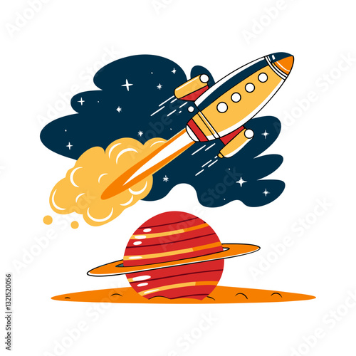 Vector illustration of a rocket launching near a ringed planet, symbolizing space exploration, adventure, and futuristic technology.