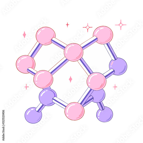 Vector molecular structure illustration depicting atoms and chemical bonds in a minimalistic and scientific style with pastel colors.