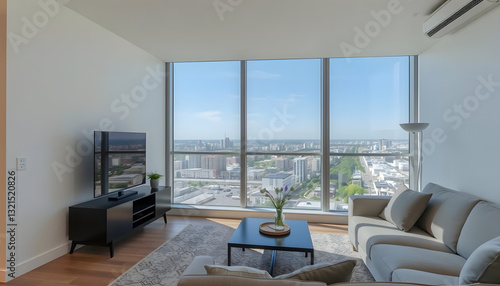 Wallpaper Mural Modern living room with TV in apartment, photo. White tone Torontodigital.ca