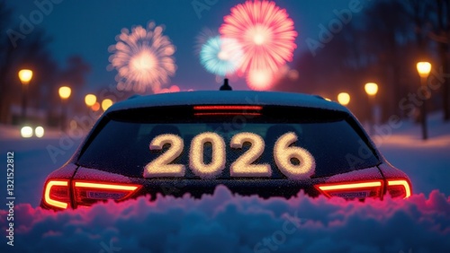 New Year's Eve snowy car, 