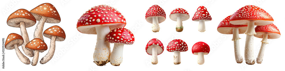 Obraz premium Collection of various vibrant and toxic mushroom species growing in a lush natural forest environment Includes red capped fly agaric white spotted mushrooms and other autumn fungi