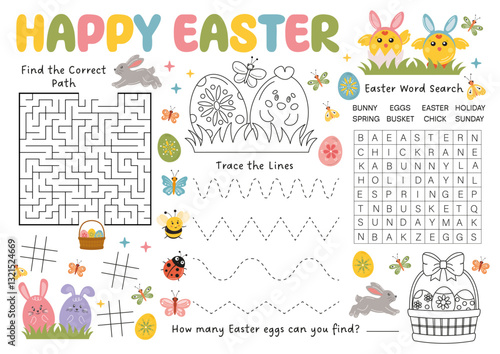 Easter activity placemat, printable Easter Party game for kids, Easter activity mat, coloring page, logical games, maze, tracing, handwriting practice. Easter worksheet for preschool, kindergarten.