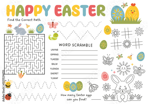 Easter activity placemat for kids, kids coloring page, party games. Holiday table activity for Easter party. Easter activity mat, logical games, maze, tracing lines. Easter worksheet for preschool.