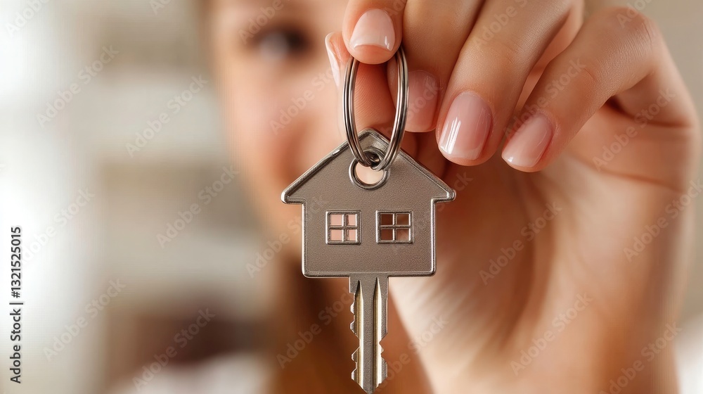 Woman holding house key, signifying new homeownership Woman holding house key, signifying new homeownership