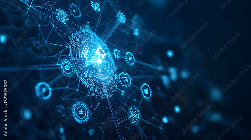 Obraz premium Global Communication Network With Futuristic Blue Data Flow and Digital Technology Connections In Cyberspace
