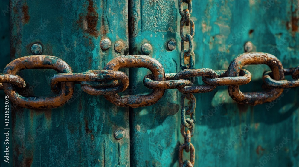 Rusty Chain and Padlock Securing a Weathered Green Metal Door, Security, Protection, Privacy Rusty Chain and Padlock Securing a Weathered Green Metal Door, Security, Protection, Privacy