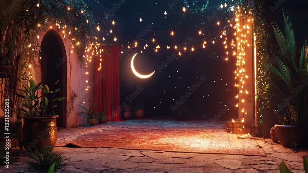 Obraz premium A Ramadan setting with a crescent moon and festive string lights