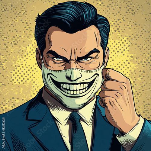a man in a business suit covered the lower part of his face with a mask in the form of a smile, comic
