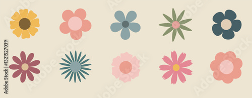 Abstract flowers, top view. Spring and summer flora. Flat vector illustration