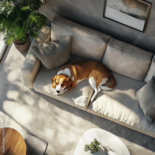 Beagle dog lounging on a sofa in a cozy living room