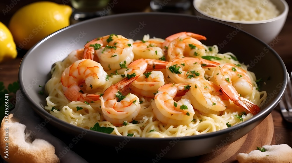 Savor the Comfort of Shrimp Scampi in a Rich Garlic Butter Sauce Served Over Noodles, Topped with Fresh Lemon Zest and Parsley for Added Flavor Savor the Comfort of Shrimp Scampi in a Rich Garlic Butter Sauce Served Over Noodles, Topped with Fresh Lemon Zest and Parsley for Added Flavor