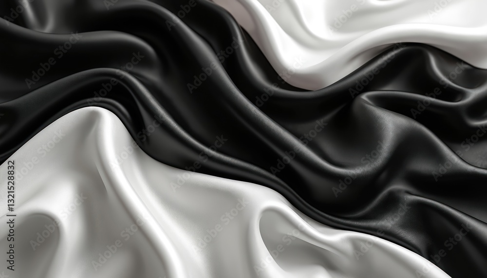 Fototapeta premium Black, white silk satin fabric abstract background. Drapery with soft fold, crease, wavy, crumpled effect. Luxury beauty rich shiny glitter shimmer shine effect for product presentation or wallpaper.