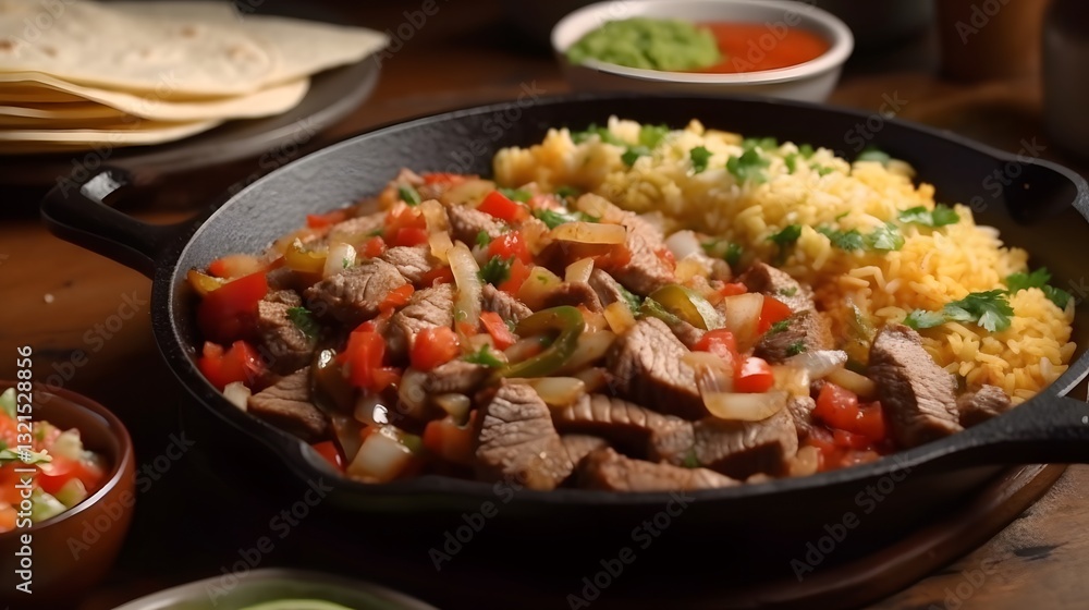 An Unforgettable Dining Experience with Mouthwatering Steak Fajitas Accompanied by Mexican Rice and Refreshing Margarita An Unforgettable Dining Experience with Mouthwatering Steak Fajitas Accompanied by Mexican Rice and Refreshing Margarita