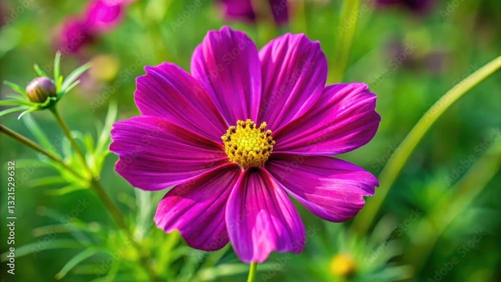 Delicate Cosmos flower blossom in a garden with vibrant purple petals and yellow center Delicate Cosmos flower blossom in a garden with vibrant purple petals and yellow center