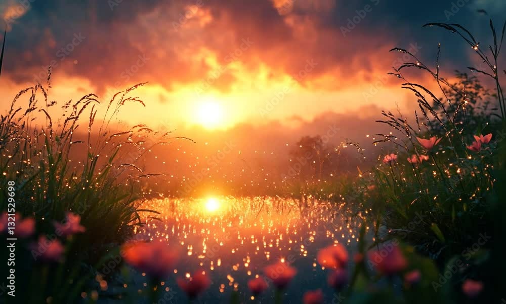 Serene sunset over a tranquil river, surrounded by vibrant flowers and lush greenery Serene sunset over a tranquil river, surrounded by vibrant flowers and lush greenery
