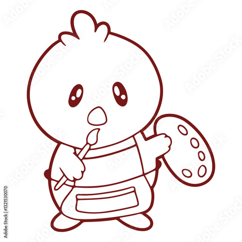 cute kawaii style canary holding a paintbrush and watercolors.