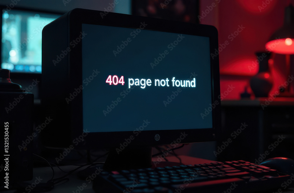 Naklejka premium A dimly lit room features a computer displaying a 404 page not found message. Ambient red lighting creates a moody atmosphere perfect for late-night browsing frustrations.