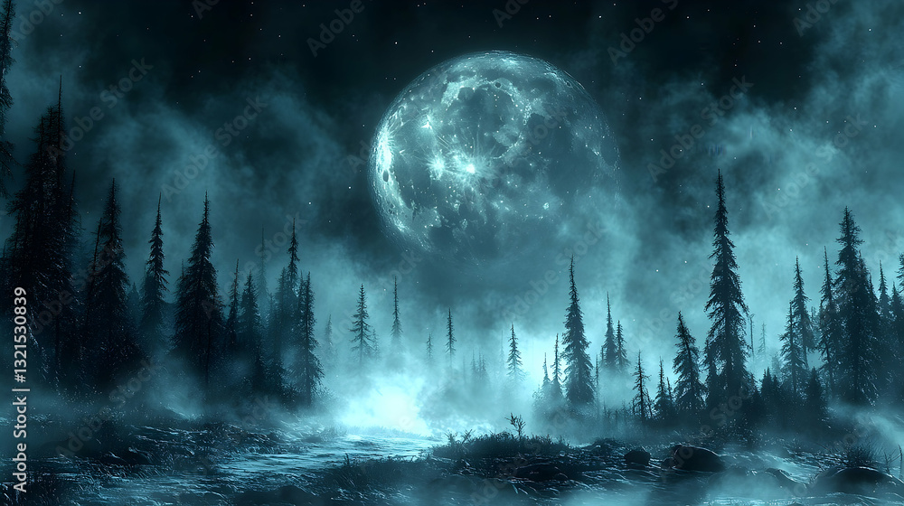 Mystical moonlit forest scene, shrouded in fog, with tall evergreen trees. Eerie, tranquil atmosphere Mystical moonlit forest scene, shrouded in fog, with tall evergreen trees. Eerie, tranquil atmosphere