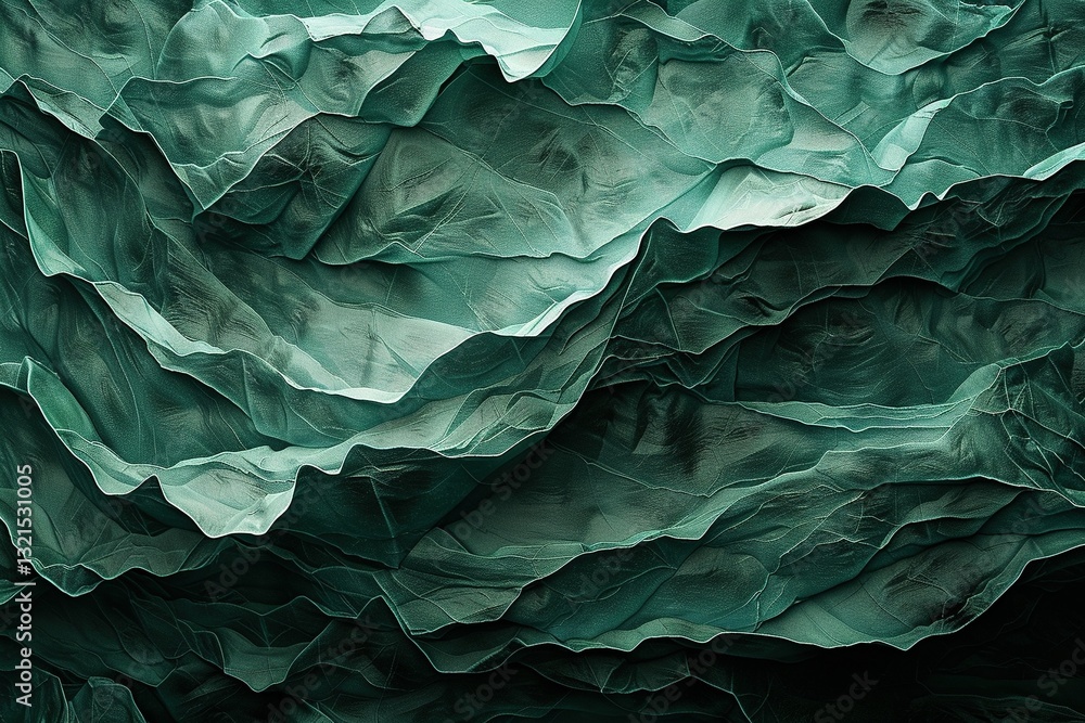 Textured layers of greenish tones create a captivating abstract design, resembling natural formations or crumpled materials.