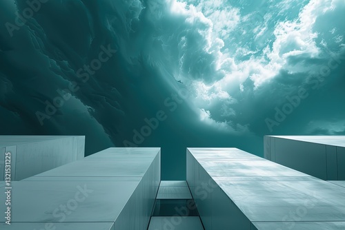 Obraz na płótnie A surreal view of modern architecture beneath dramatic clouds, showcasing a striking contrast between the geometric structures and the dynamic sky. w salonie