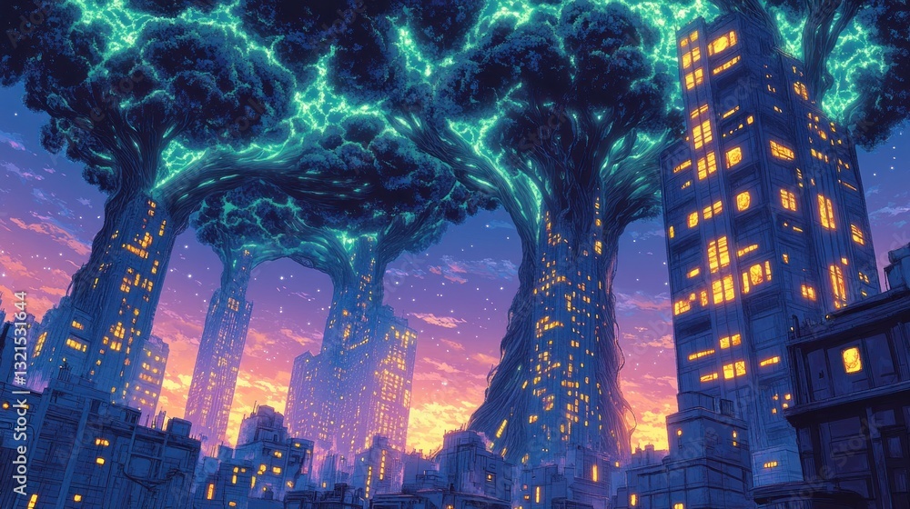 Fototapeta premium Cityscape enveloped by giant, glowing, surreal trees at sunset