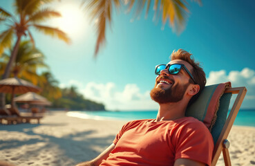 Adventurous smiling man relaxing on beach chair under palm tree. Tropical ocean. Summer vacation in paradise. Holiday get away. Carefree sunbathing bearded guy in sunglasses enjoy nature.