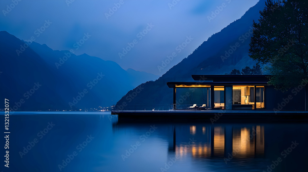 Fototapeta premium Modern Lake House At Night With Mountain Reflection In Blue Hour Tranquil Scenery Illuminated With Warm Light