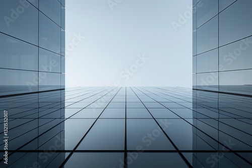 A sleek perspective view of a glass building, showcasing reflections and a clear sky, emphasizing modern architecture and minimalistic design.