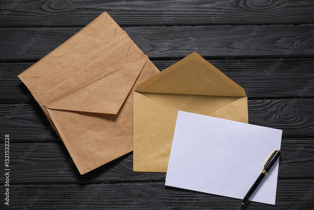 Fototapeta premium Kraft paper envelopes with letter and pen on black wooden background, flat lay. Mockup for design