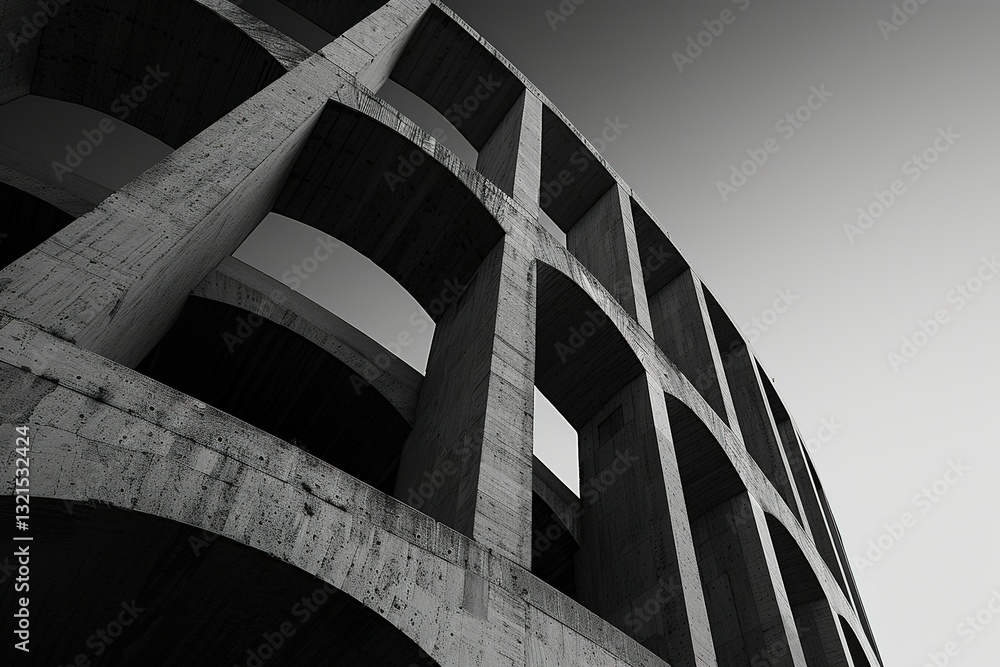 A modern architectural structure captured in black and white, showcasing a unique curved design with prominent arches and a minimalist aesthetic.
