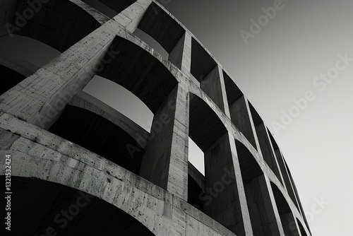 Obraz na płótnie A modern architectural structure captured in black and white, showcasing a unique curved design with prominent arches and a minimalist aesthetic. w salonie