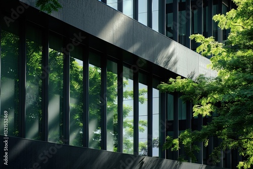 The image features a modern building with sleek glass windows reflecting green foliage, highlighting a harmonious blend of architecture and nature.