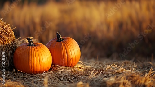 Pumpkins in Hay Bales at Dusk Creating a Harvest Time Feel