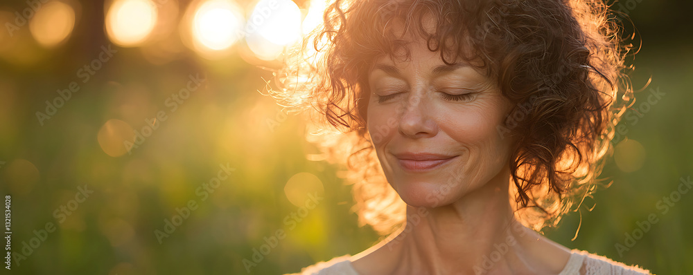 Soft-focus portrait of mature woman with curly hair in golden light