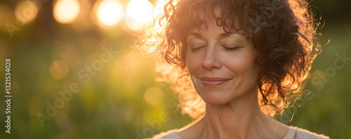 Obraz na płótnie Soft-focus portrait of mature woman with curly hair in golden light w salonie